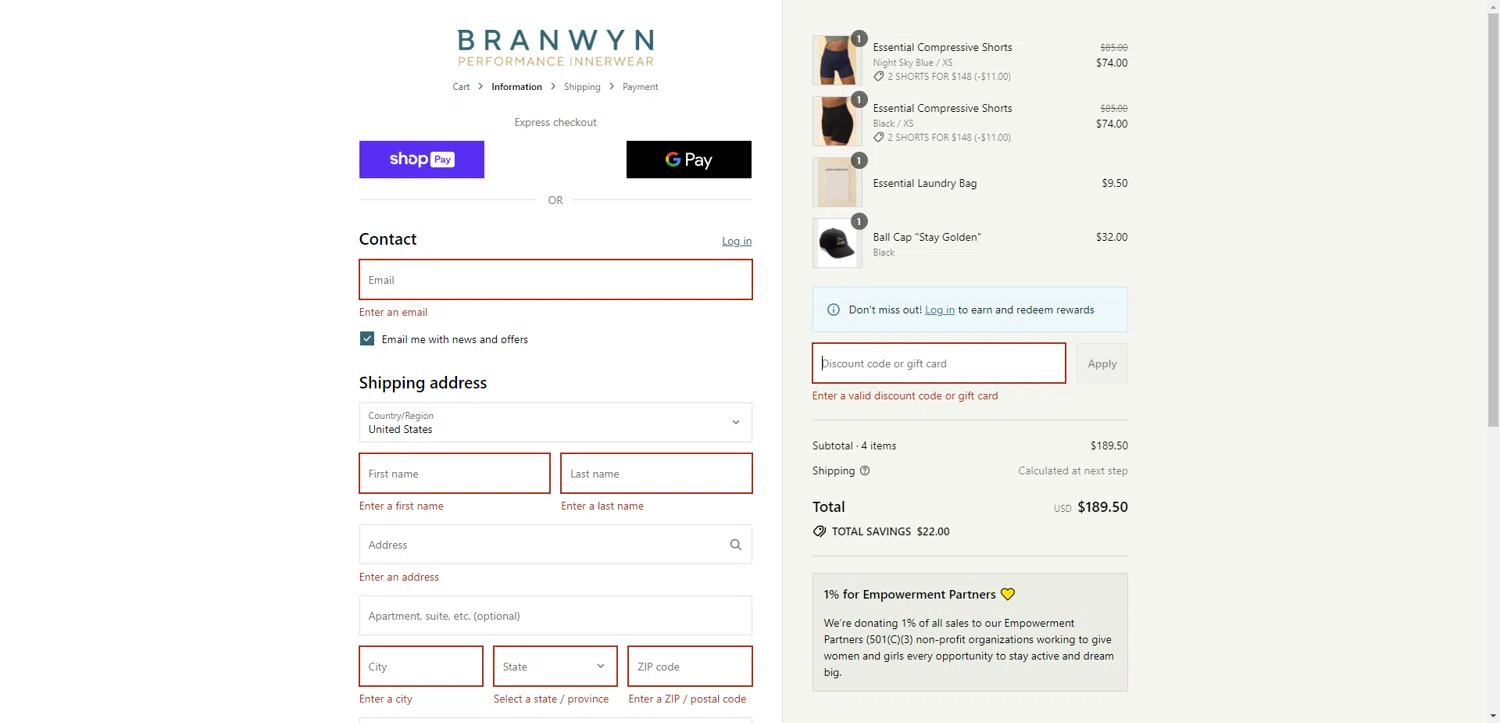 BRANWYN discount code screenshot showing code 2SHORTS148 applied at BRANWYN checkout page. Uploaded by SimplyCodes community member ThriftyPhoenix5129 on Aug 22, 2025