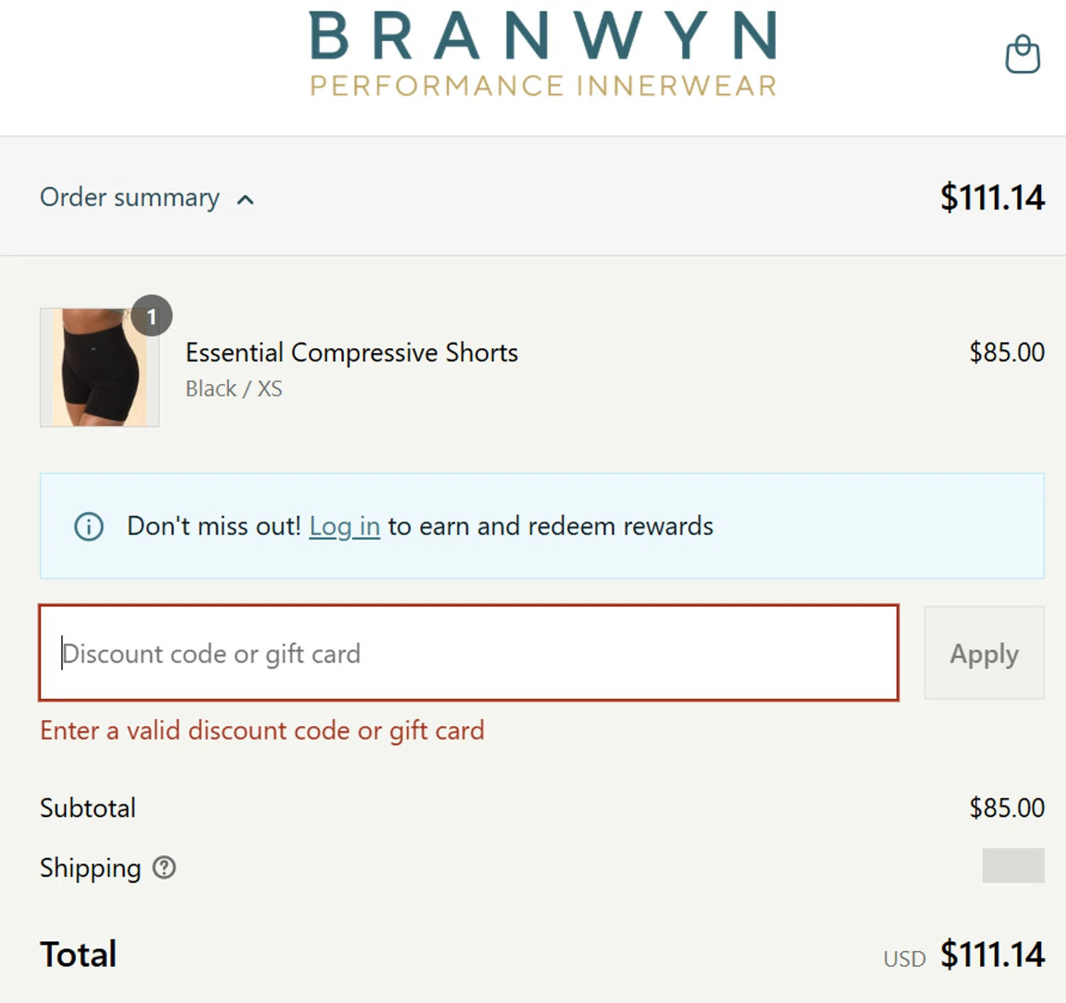 BRANWYN discount code screenshot showing code 2SHORTS148 applied at BRANWYN checkout page. Uploaded by SimplyCodes community member steve_jeff on Aug 22, 2025
