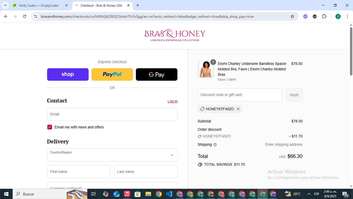 Bras & Honey promo code screenshot showing code HONEY67F45ZO applied at Bras & Honey checkout page. Uploaded by SimplyCodes community member VictoriousPilot5281 on Sep 8, 2025