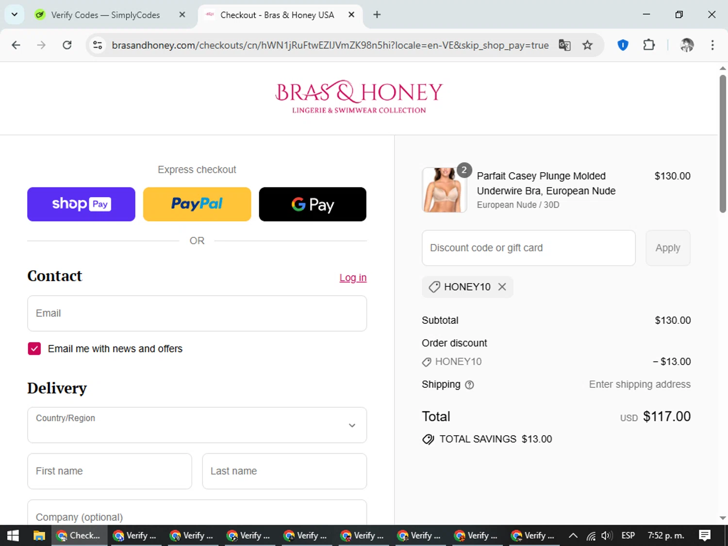Bras & Honey promo code screenshot showing code HONEY10 applied at Bras & Honey checkout page. Uploaded by SimplyCodes community member CleverLegend6607 on Aug 12, 2025