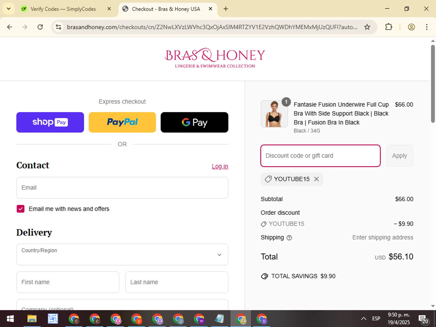 Bras & Honey promo code screenshot showing code YOUTUBE15 applied at Bras & Honey checkout page. Uploaded by SimplyCodes community member VictorL on Apr 20, 2025