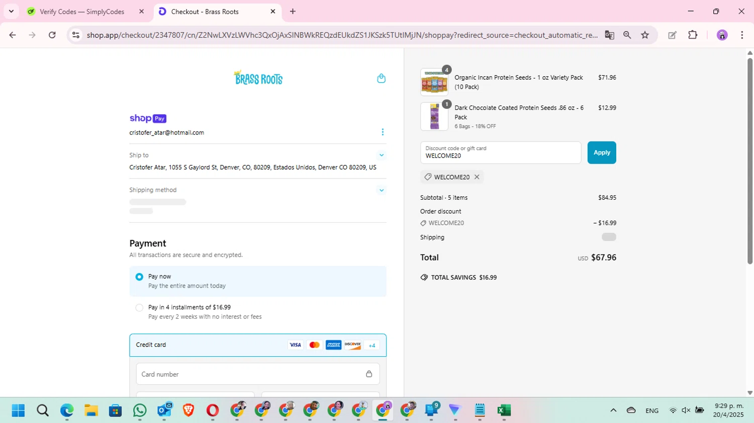 Brass Roots promo code screenshot showing code WELCOME20 applied at Brass Roots checkout page. Uploaded by SimplyCodes community member MariAPB on Apr 21, 2025