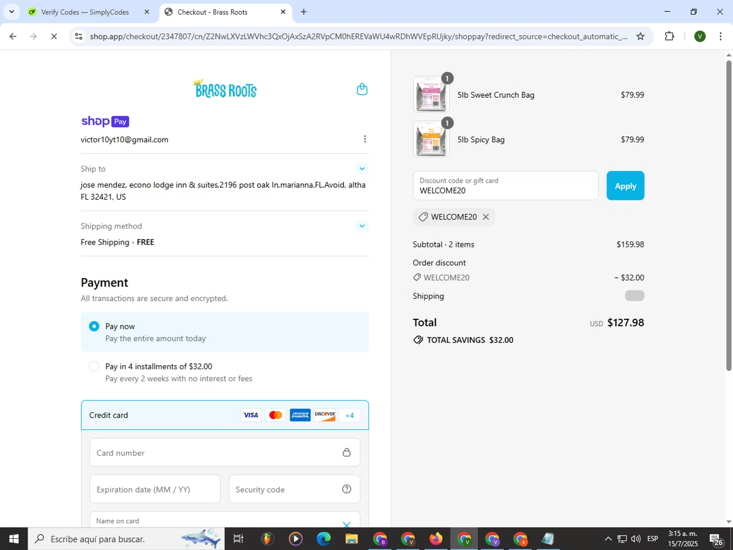 Brass Roots promo code screenshot showing code WELCOME20 applied at Brass Roots checkout page. Uploaded by SimplyCodes community member PrimeWizard4168 on Jul 15, 2025