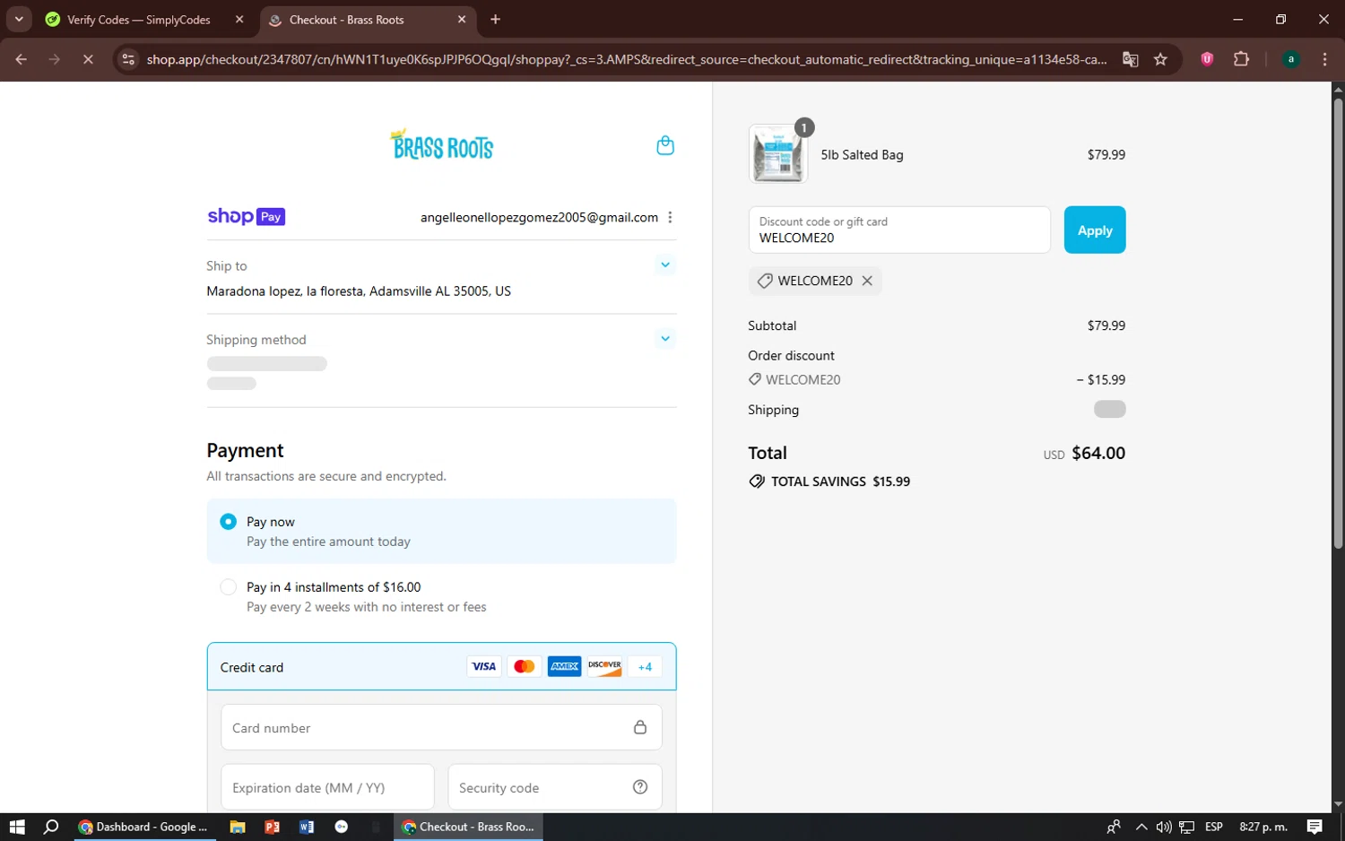 Brass Roots promo code screenshot showing code WELCOME20 applied at Brass Roots checkout page. Uploaded by SimplyCodes community member zizu55 on Aug 6, 2025