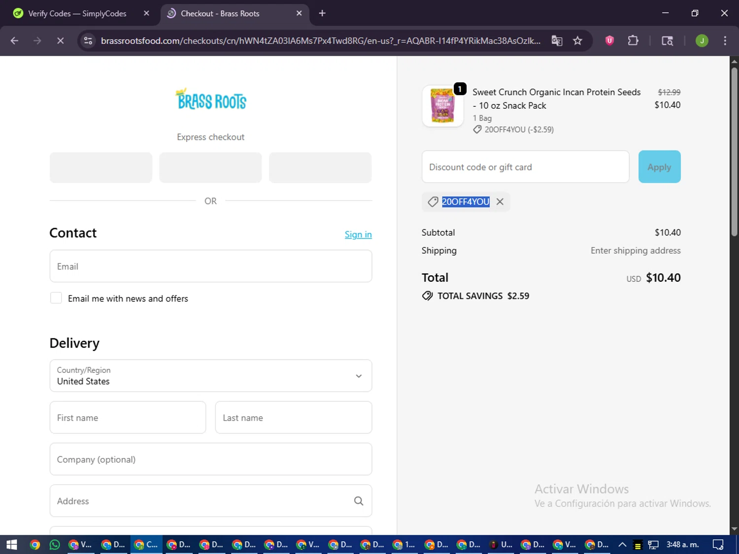 Brass Roots promo code screenshot showing code 20OFF4YOU applied at Brass Roots checkout page. Uploaded by SimplyCodes community member LilBaby on Nov 4, 2025
