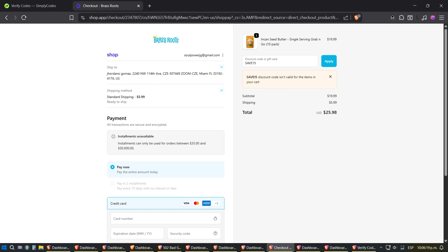 Brass Roots promo code screenshot showing code SAVE15 applied at Brass Roots checkout page. Uploaded by SimplyCodes community member TreasureExpert3303 on Oct 4, 2025