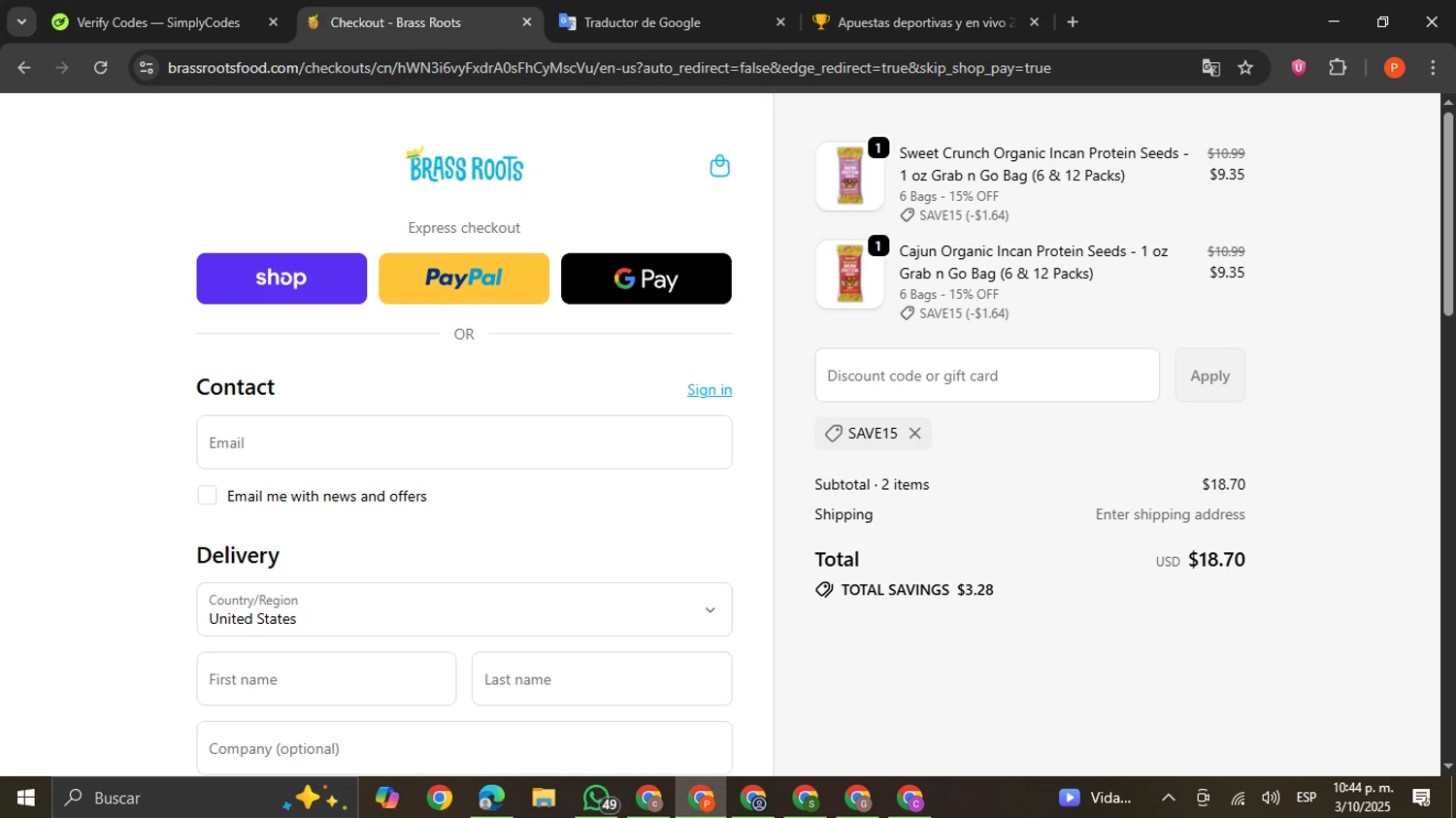 Brass Roots promo code screenshot showing code SAVE15 applied at Brass Roots checkout page. Uploaded by SimplyCodes community member VictoriousCaptain2658 on Oct 4, 2025