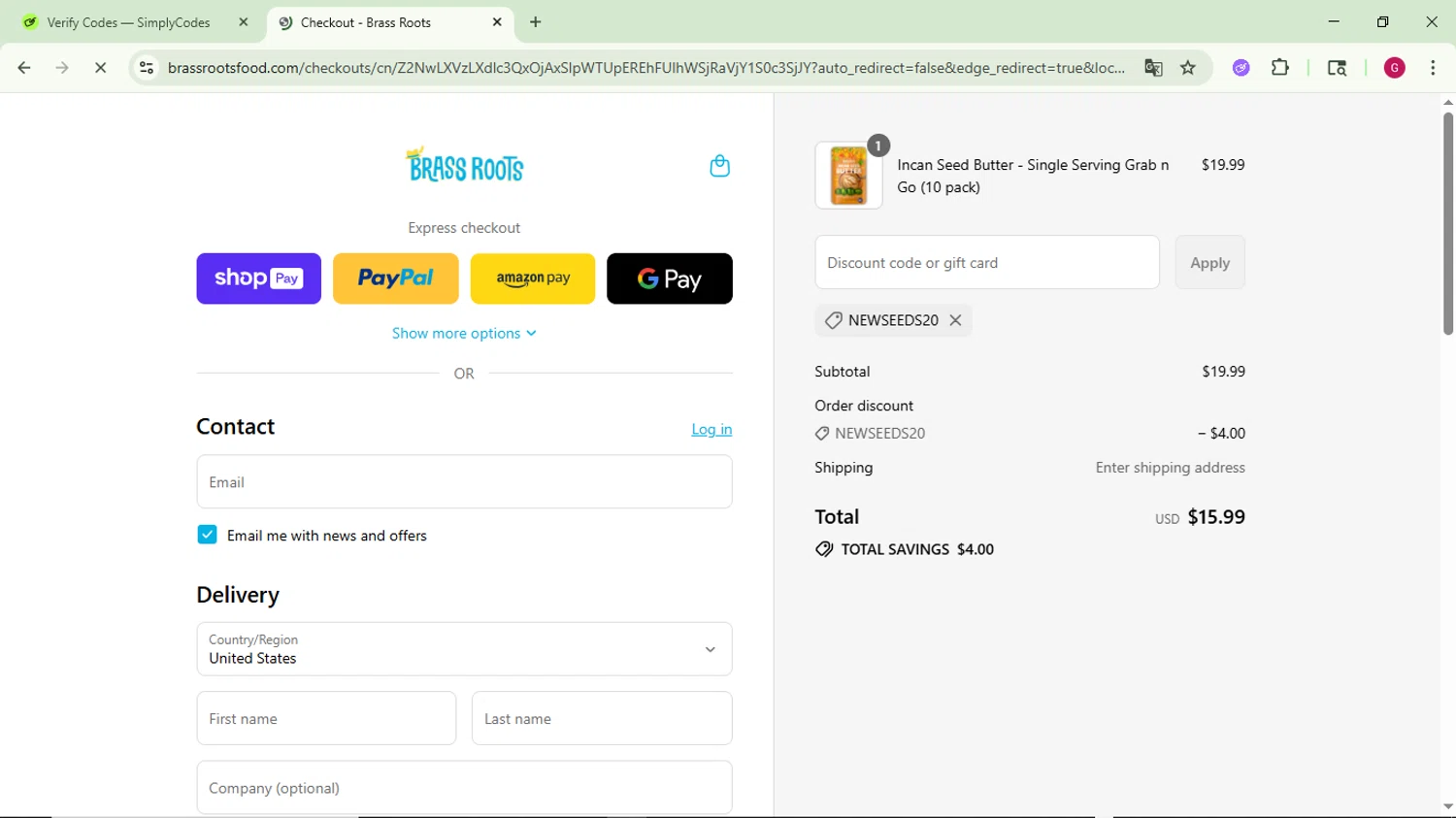 Brass Roots promo code screenshot showing code NEWSEEDS20 applied at Brass Roots checkout page. Uploaded by SimplyCodes community member CrownFinder3074 on Jul 11, 2025
