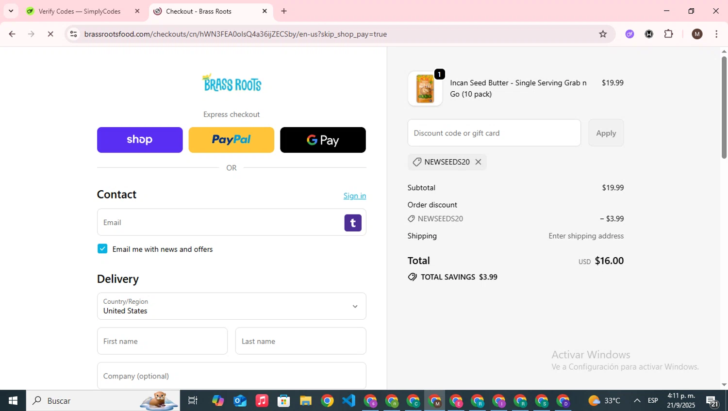 Brass Roots promo code screenshot showing code NEWSEEDS20 applied at Brass Roots checkout page. Uploaded by SimplyCodes community member WonderWizard9060 on Sep 21, 2025