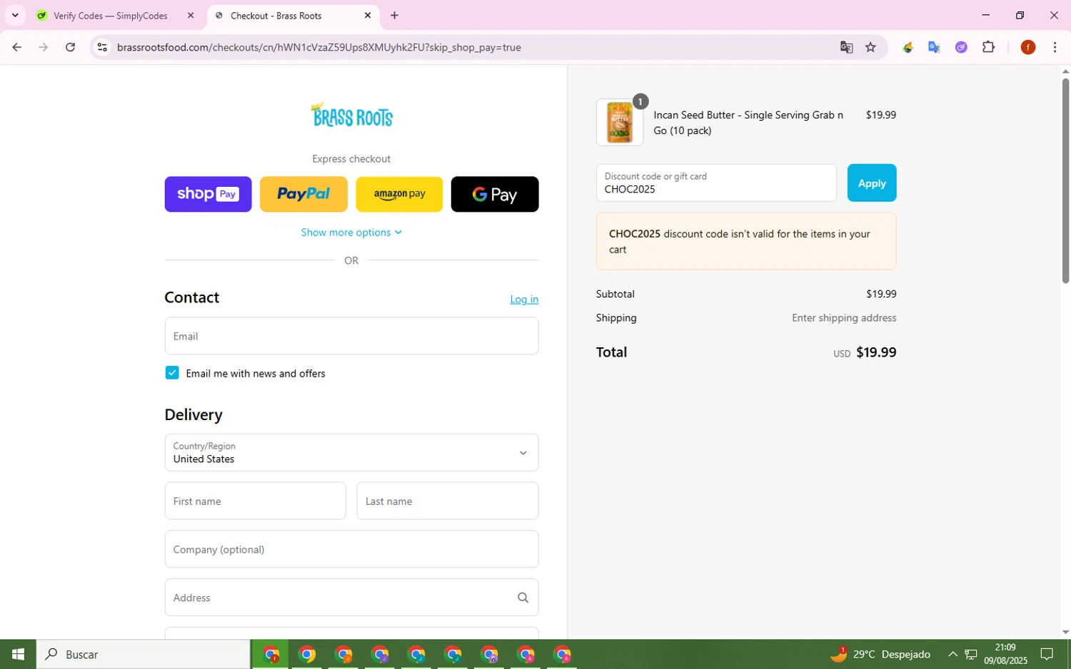 Brass Roots promo code screenshot showing code CHOC2025 applied at Brass Roots checkout page. Uploaded by SimplyCodes community member Collug on Aug 10, 2025