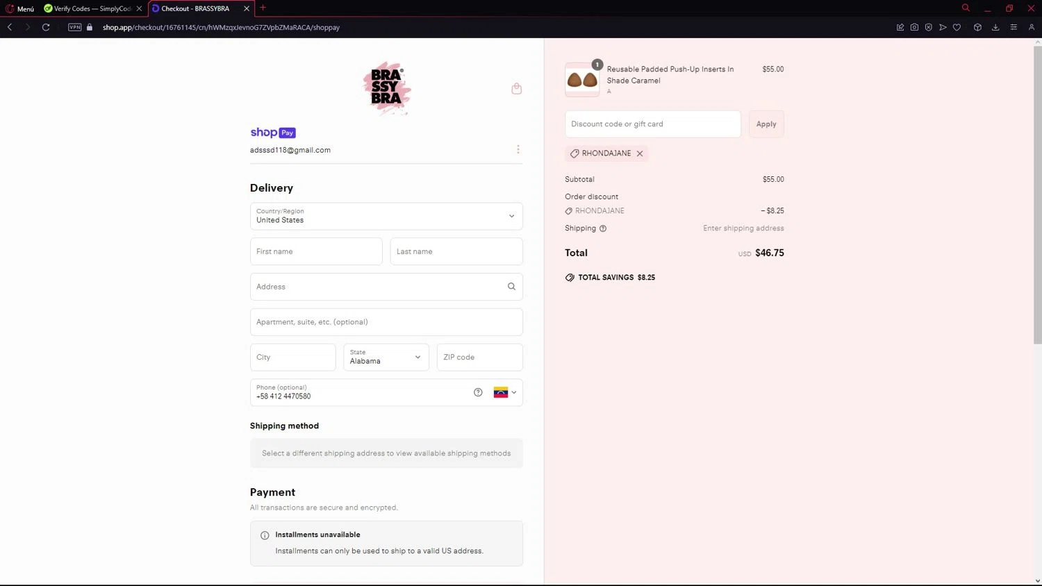 Brassybra promo code screenshot showing code RHONDAJANE applied at Brassybra checkout page. Uploaded by SimplyCodes community member LegendarySeeker3956 on Jun 24, 2025