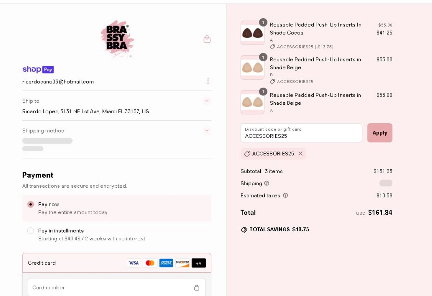 Brassybra promo code screenshot showing code ACCESSORIES25 applied at Brassybra checkout page. Uploaded by SimplyCodes community member LAMINEJAMAL on Jun 29, 2025