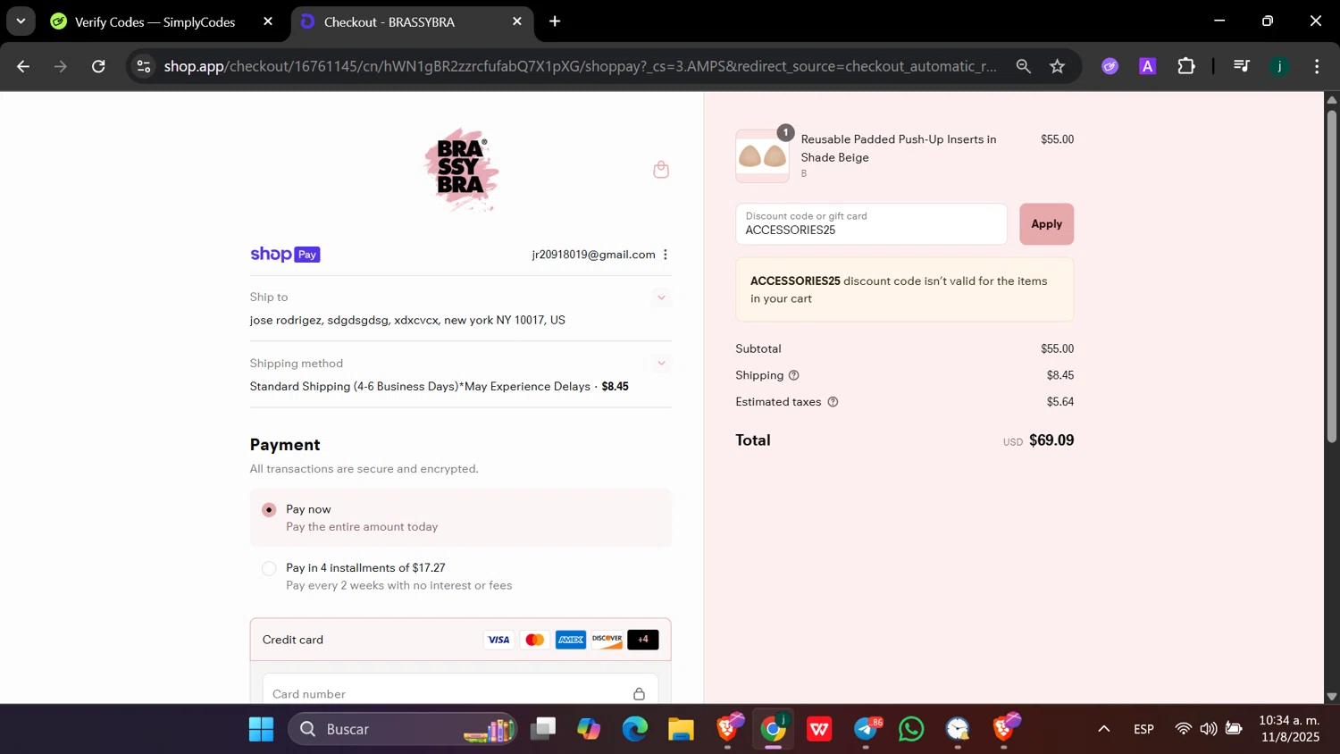 Brassybra promo code screenshot showing code ACCESSORIES25 applied at Brassybra checkout page. Uploaded by SimplyCodes community member hanzell03 on Aug 11, 2025