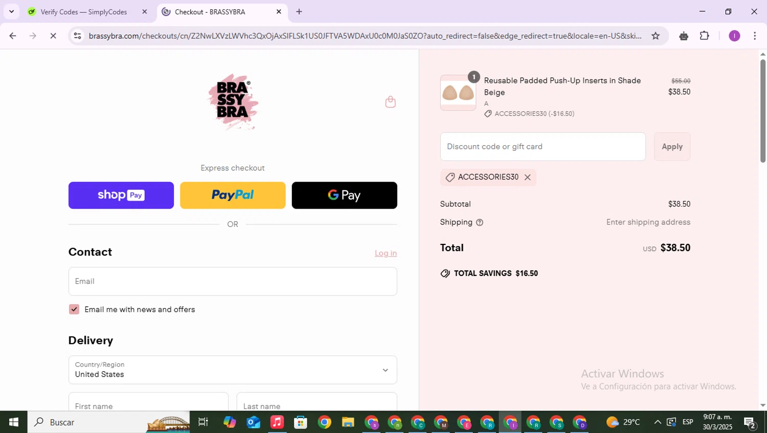 Brassybra promo code screenshot showing code ACCESSORIES30 applied at Brassybra checkout page. Uploaded by SimplyCodes community member RebateAce6764 on Mar 30, 2025