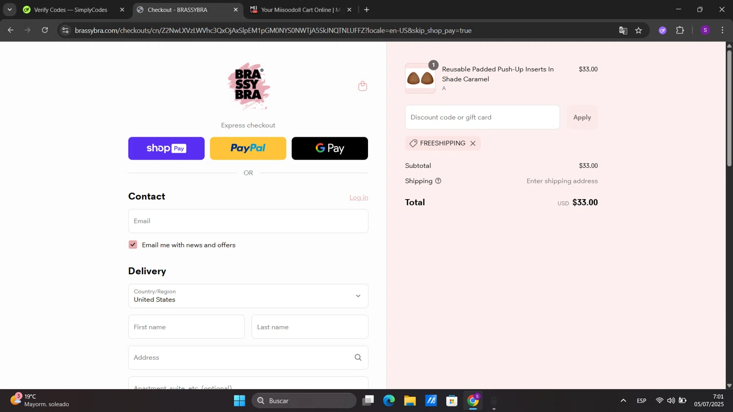 Brassybra promo code screenshot showing code Freeshipping applied at Brassybra checkout page. Uploaded by SimplyCodes community member sorialbam on Jul 5, 2025