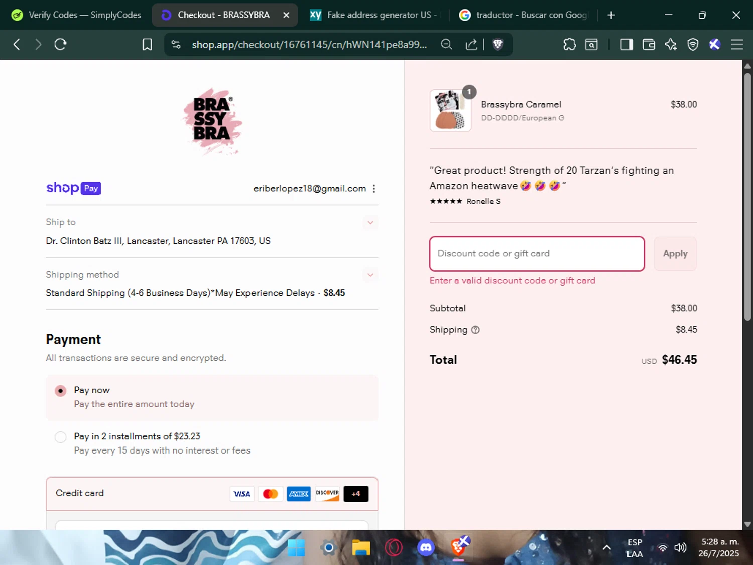 Brassybra promo code screenshot showing code SUMMERTLE applied at Brassybra checkout page. Uploaded by SimplyCodes community member Mafer69 on Jul 26, 2025