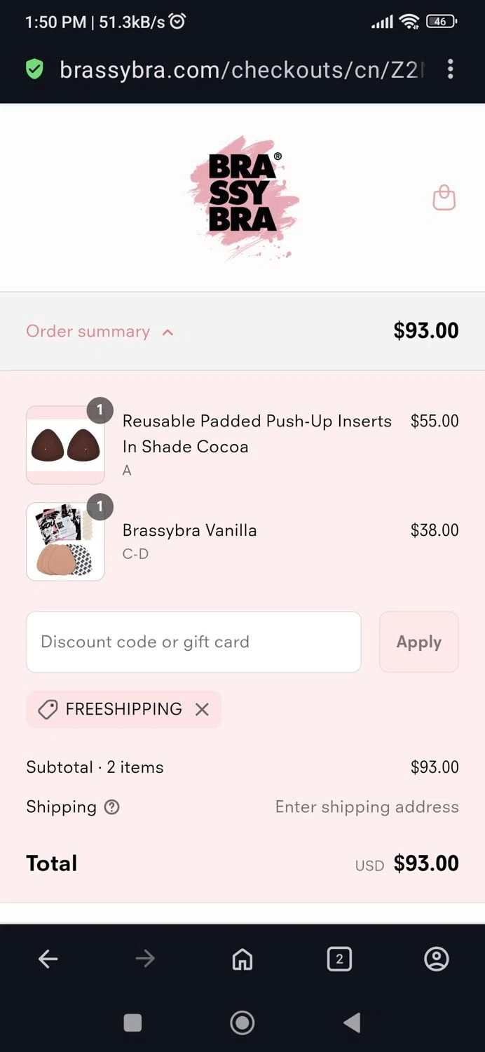 Brassybra promo code screenshot showing code Freeshipping applied at Brassybra checkout page. Uploaded by SimplyCodes community member BB9542251456527 on Jun 6, 2025