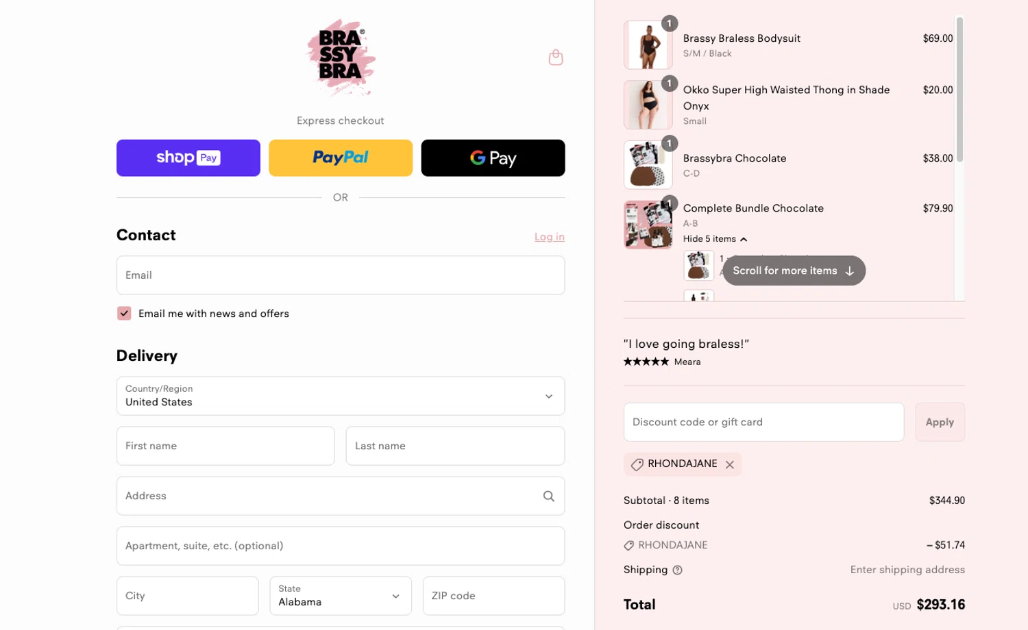 Brassybra promo code screenshot showing code RHONDAJANE applied at Brassybra checkout page. Uploaded by SimplyCodes community member ELOIN777 on Jun 16, 2025
