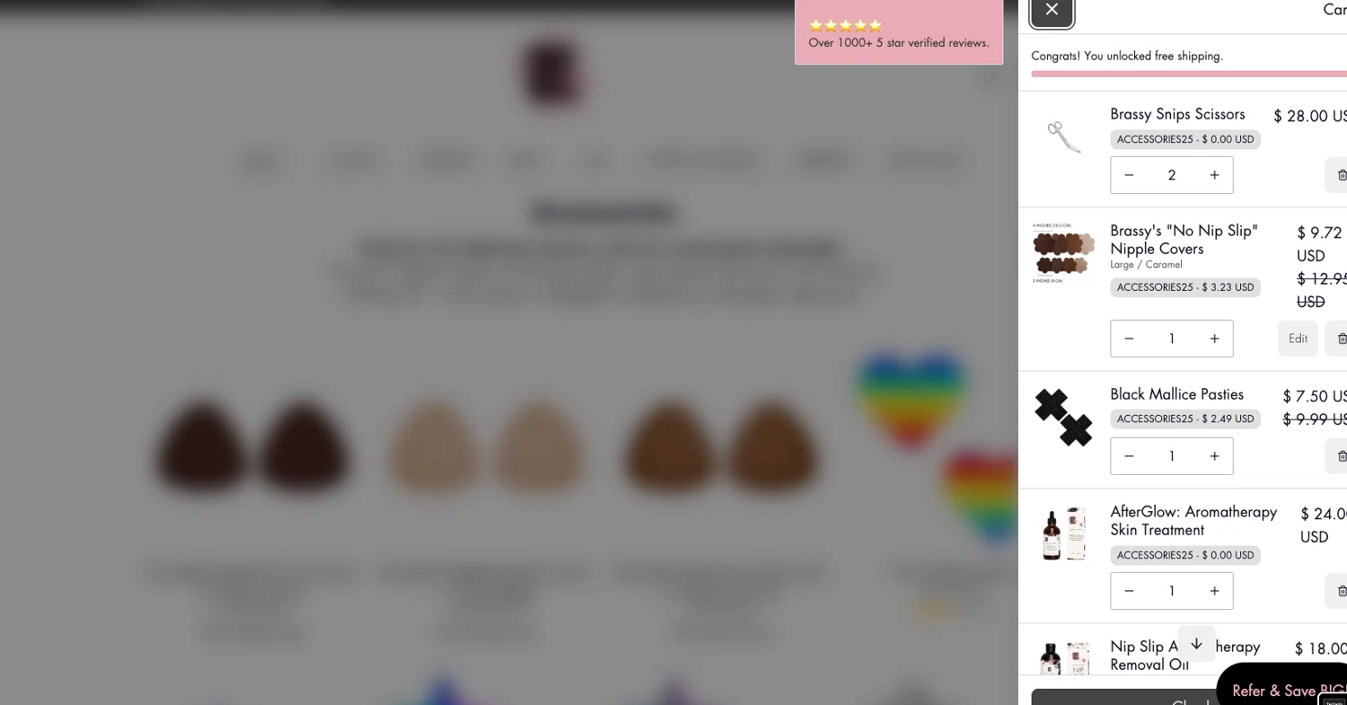 Brassybra promo code screenshot showing code ACCESSORIES25 applied at Brassybra checkout page. Uploaded by SimplyCodes community member ELOIN777 on May 14, 2025