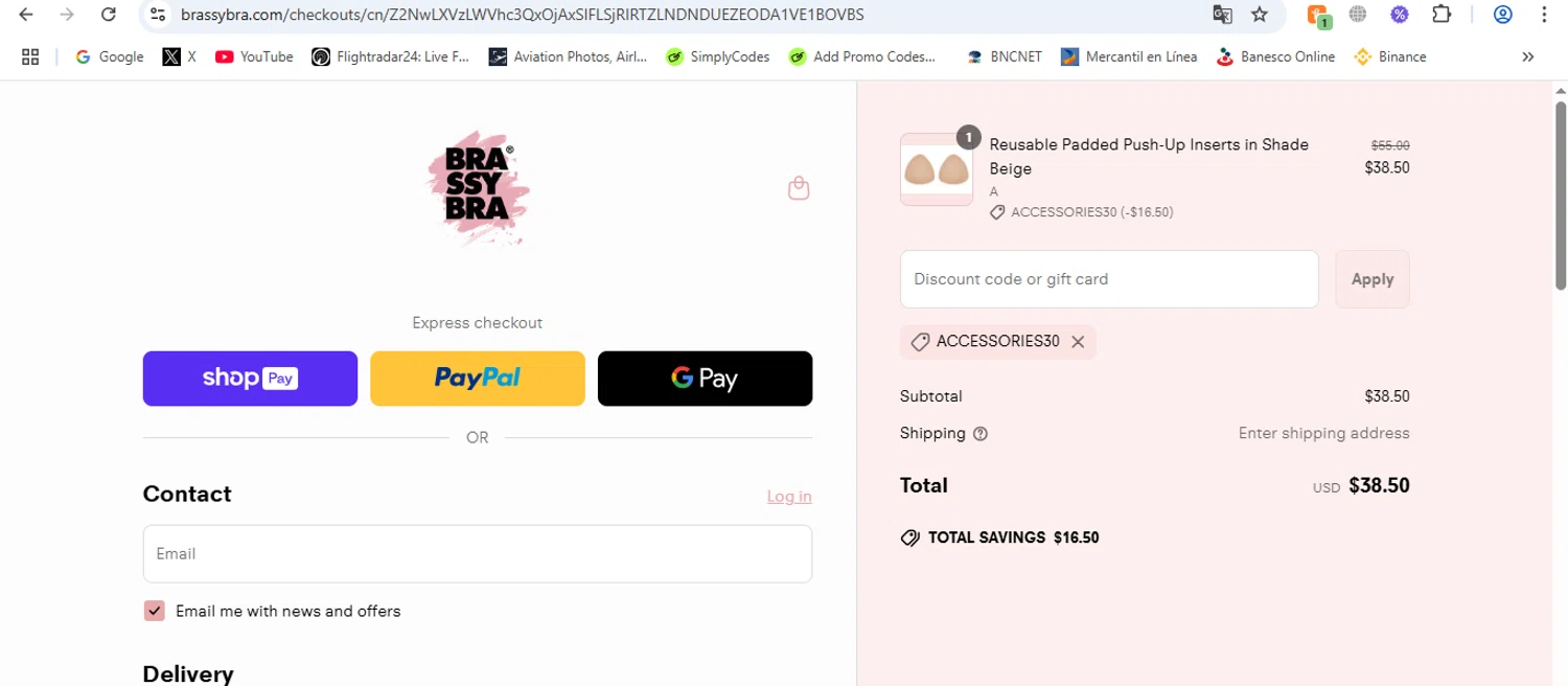 Brassybra promo code screenshot showing code ACCESSORIES30 applied at Brassybra checkout page. Uploaded by SimplyCodes community member victor on Mar 30, 2025