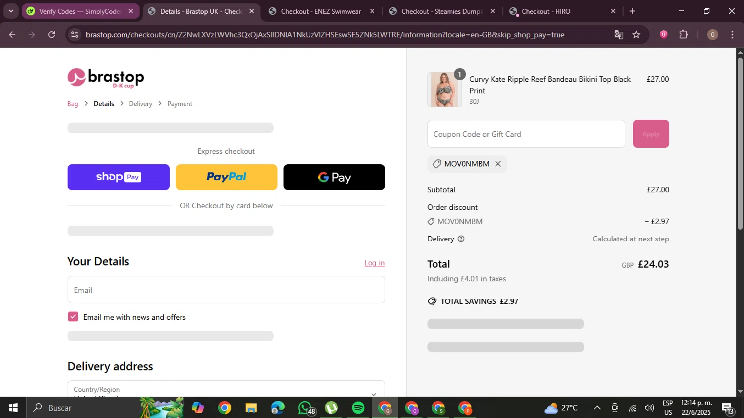 Brastop UK promo code screenshot showing code MOV0NMBM applied at Brastop UK checkout page. Uploaded by SimplyCodes community member BrilliantTracker4207 on Jun 22, 2025