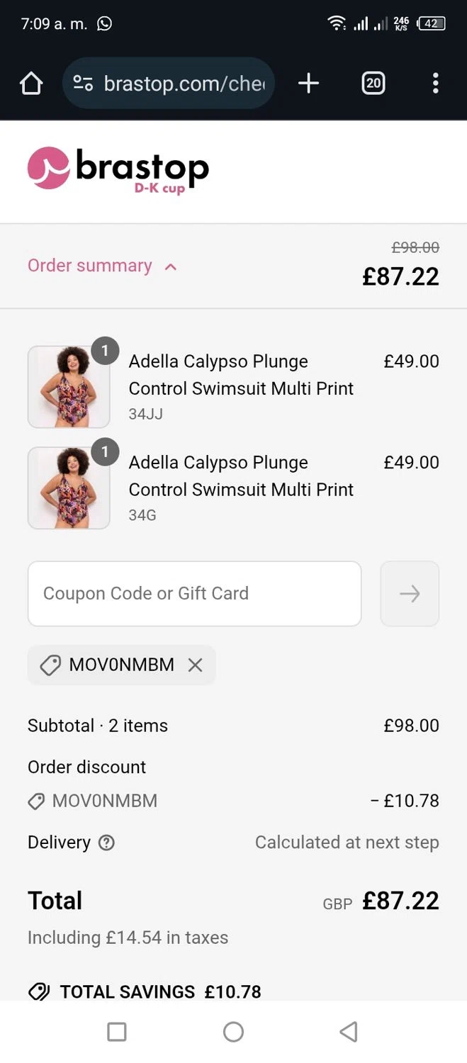 Brastop UK promo code screenshot showing code MOV0NMBM applied at Brastop UK checkout page. Uploaded by SimplyCodes community member Miggy2024 on May 24, 2025
