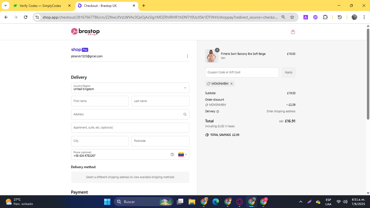 Brastop UK promo code screenshot showing code MOV0NMBM applied at Brastop UK checkout page. Uploaded by SimplyCodes community member YunoMaria on Jun 7, 2025