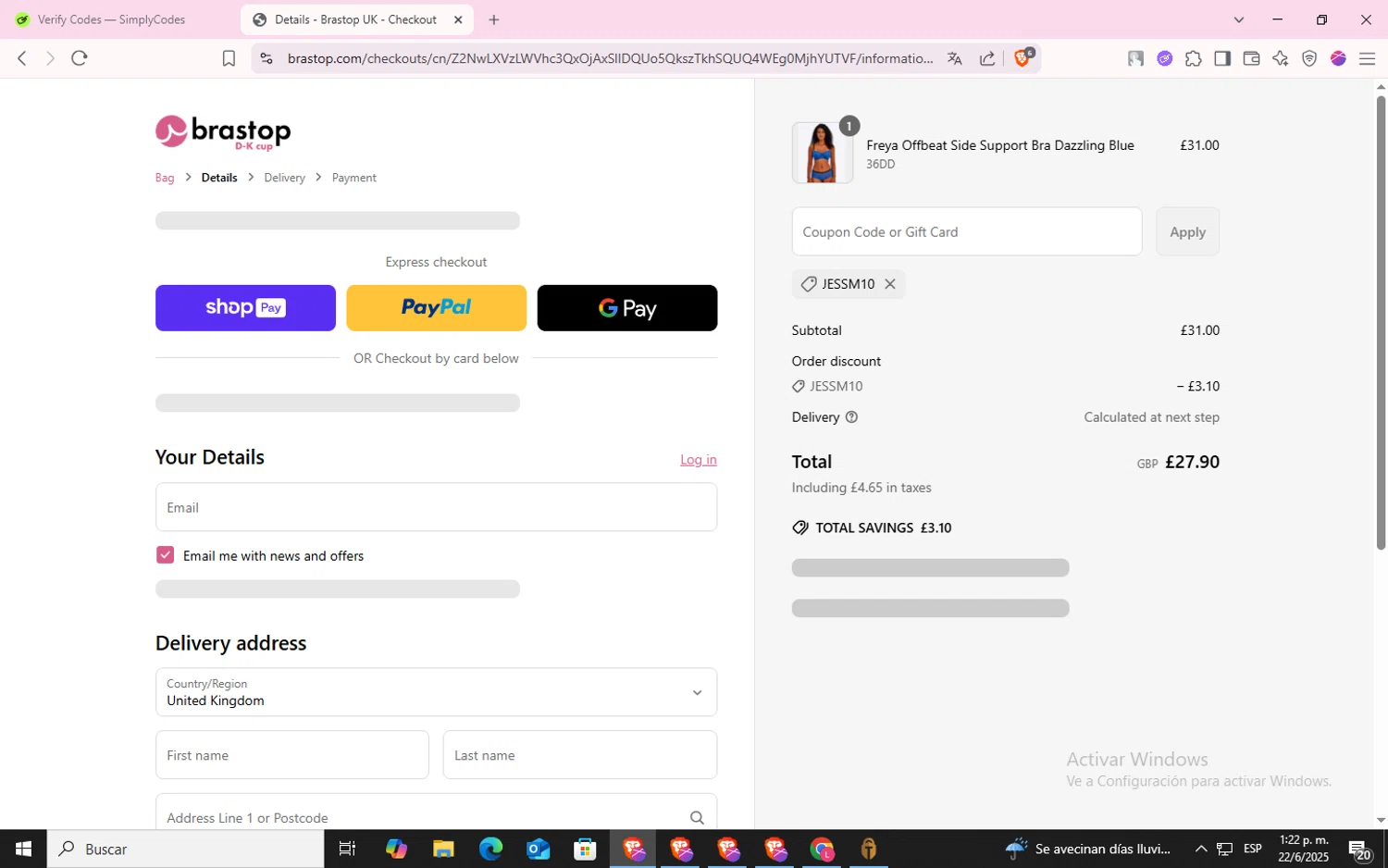 Brastop UK promo code screenshot showing code JESSM10 applied at Brastop UK checkout page. Uploaded by SimplyCodes community member CodeLynx5272 on Jun 22, 2025