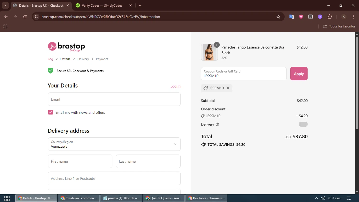 Brastop UK promo code screenshot showing code JESSM10 applied at Brastop UK checkout page. Uploaded by SimplyCodes community member SavingsBoss991 on Jul 3, 2025