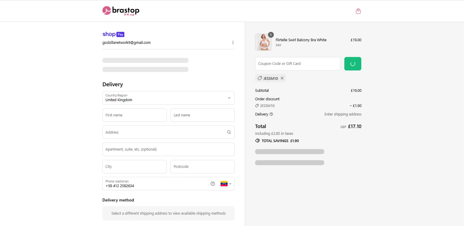 Brastop UK promo code screenshot showing code JESSM10 applied at Brastop UK checkout page. Uploaded by SimplyCodes community member dimitriv on Jul 14, 2025