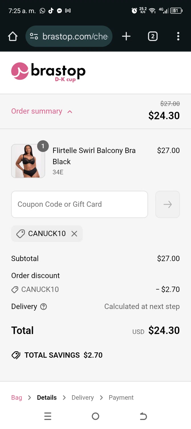 Brastop UK promo code screenshot showing code CANUCK10 applied at Brastop UK checkout page. Uploaded by SimplyCodes community member TokenAce5969 on Jun 7, 2025