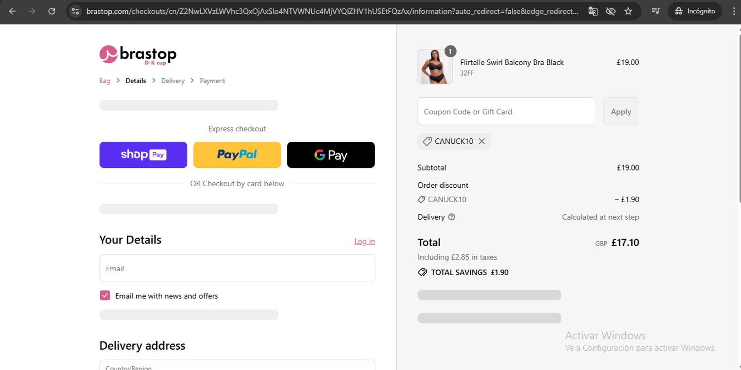 Brastop UK promo code screenshot showing code CANUCK10 applied at Brastop UK checkout page. Uploaded by SimplyCodes community member UchihaMadara on Jul 3, 2025