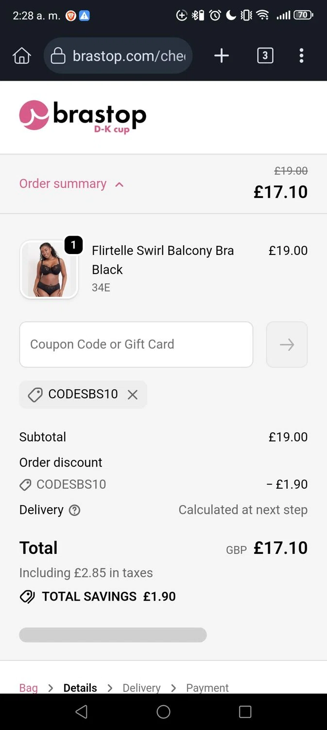 Brastop UK promo code screenshot showing code CODESBS10 applied at Brastop UK checkout page. Uploaded by SimplyCodes community member Georg3 on Dec 11, 2025