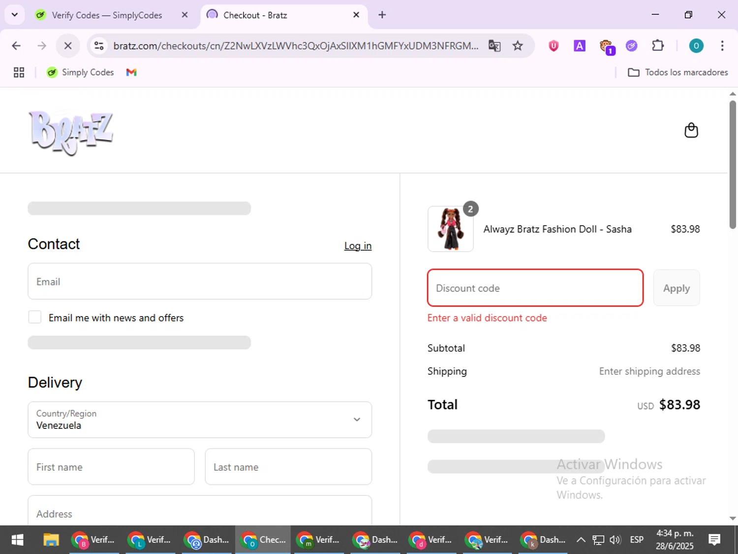 Bratz discount code screenshot showing code JAN20 applied at Bratz checkout page. Uploaded by SimplyCodes community member BudgetSeeker9524 on Jun 28, 2025