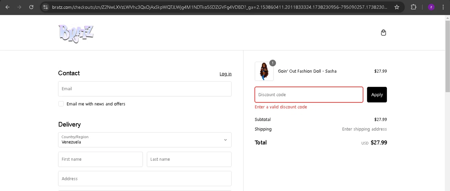Bratz discount code screenshot showing code JAN20 applied at Bratz checkout page. Uploaded by SimplyCodes community member BonusPro7395 on Jan 30, 2025