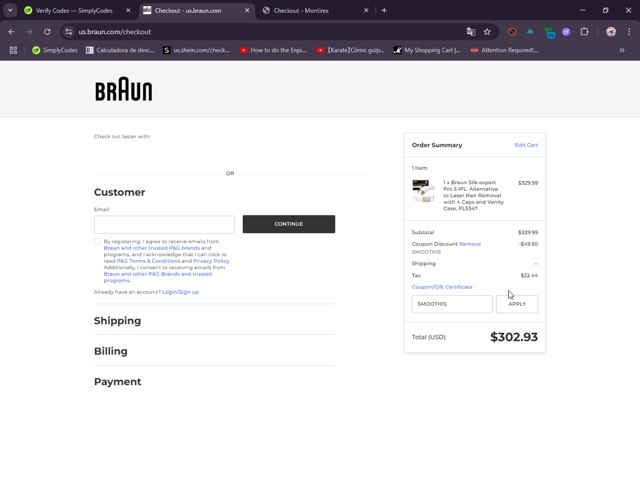 Braun checkout page showing Braun coupon code box | Screenshot taken by SimplyCodes community member on Jul 12, 2025