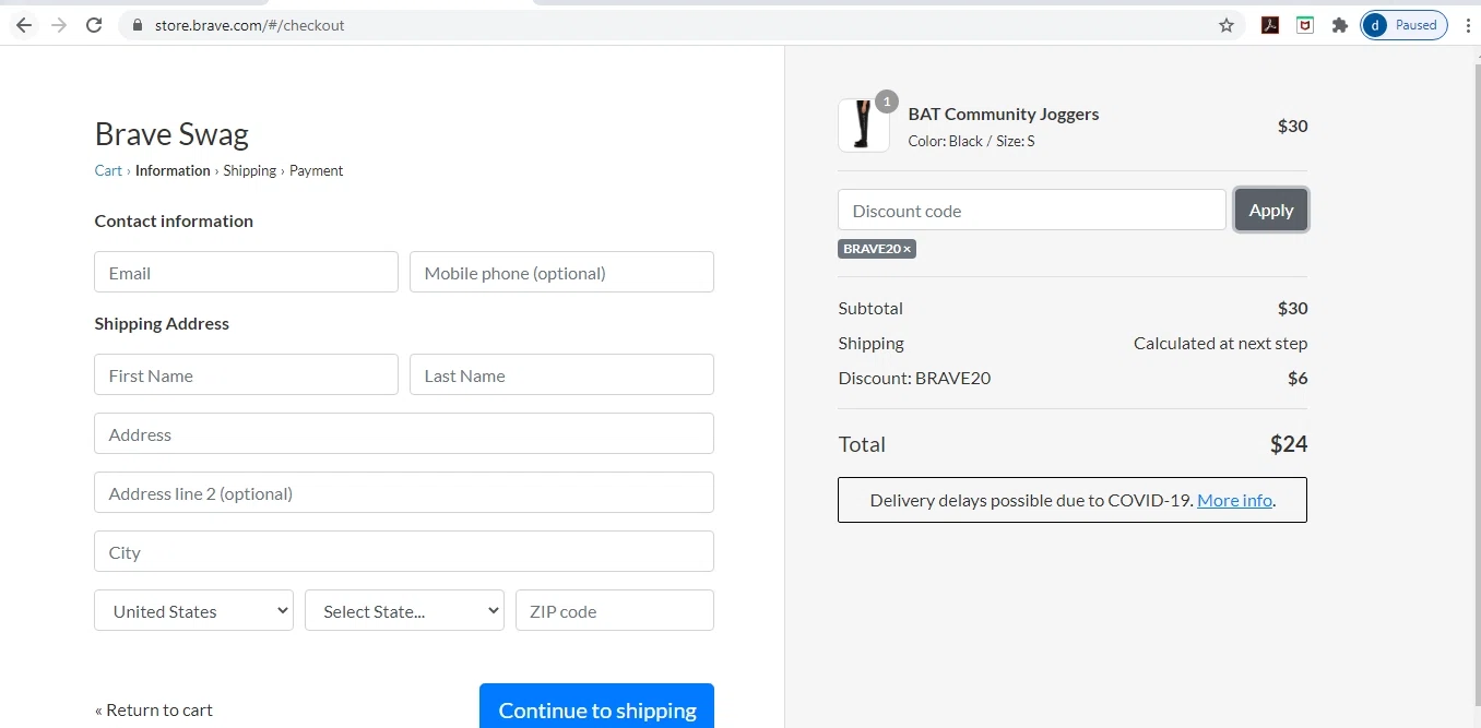 Brave checkout page showing Brave promo code box | Screenshot taken by SimplyCodes community member on Sep 2, 2020