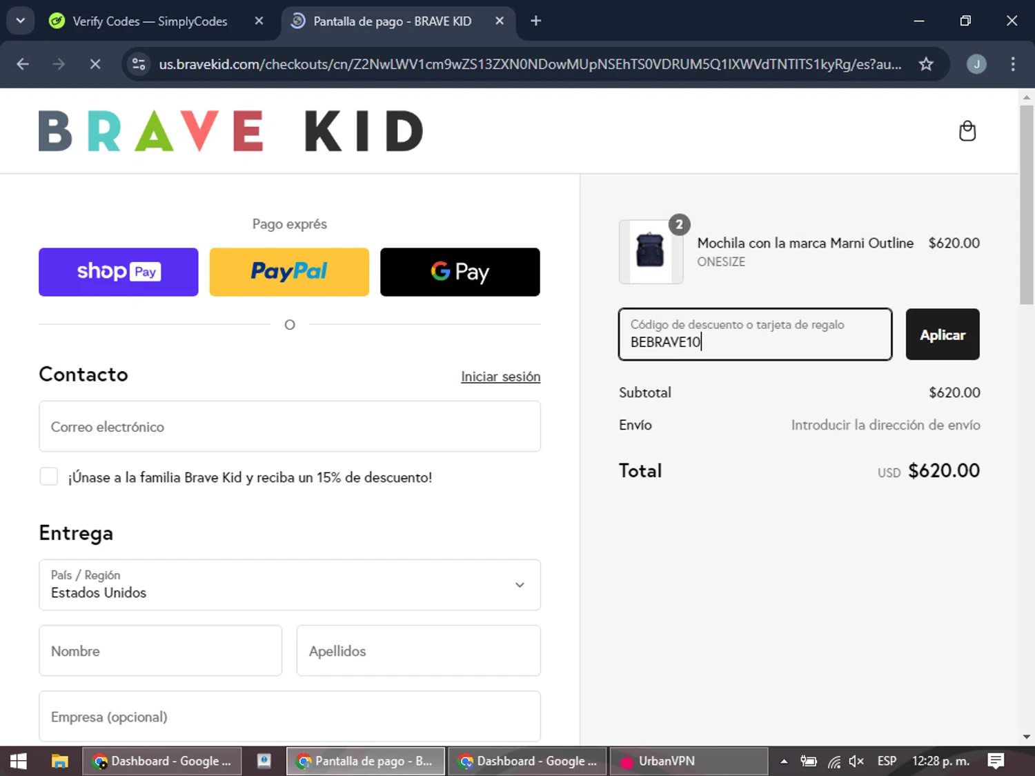 Brave Kid discount code screenshot showing code BEBRAVE10 applied at Brave Kid checkout page. Uploaded by SimplyCodes community member BonusGuardian249 on Feb 20, 2025