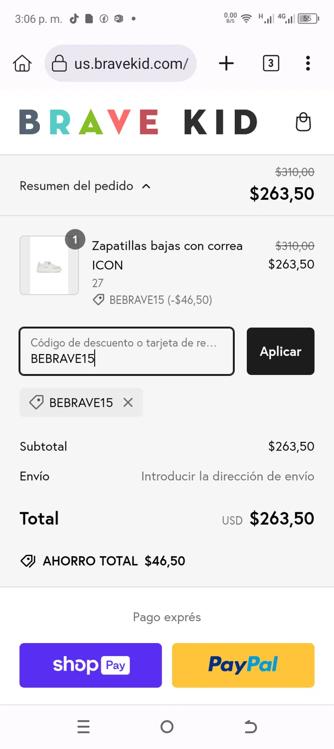 Brave Kid discount code screenshot showing code BEBRAVE15 applied at Brave Kid checkout page. Uploaded by SimplyCodes community member Olgasimply on Jan 29, 2025