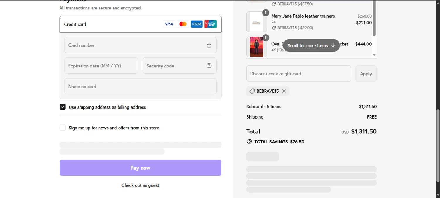Brave Kid discount code screenshot showing code BEBRAVE15 applied at Brave Kid checkout page. Uploaded by SimplyCodes community member noworries on Jul 25, 2025