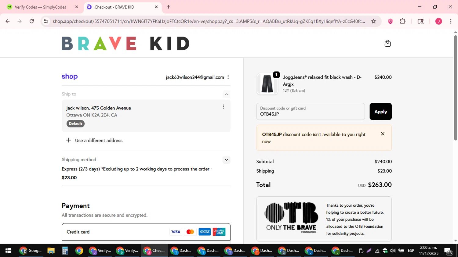 Brave Kid discount code screenshot showing code OTB45JP applied at Brave Kid checkout page. Uploaded by SimplyCodes community member JackWilson63 on Dec 11, 2025
