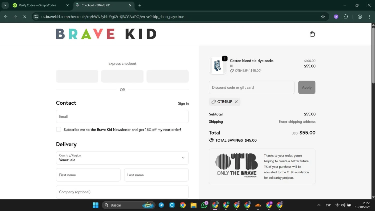 Brave Kid discount code screenshot showing code OTB45JP applied at Brave Kid checkout page. Uploaded by SimplyCodes community member LuckyElite8069 on Oct 11, 2025