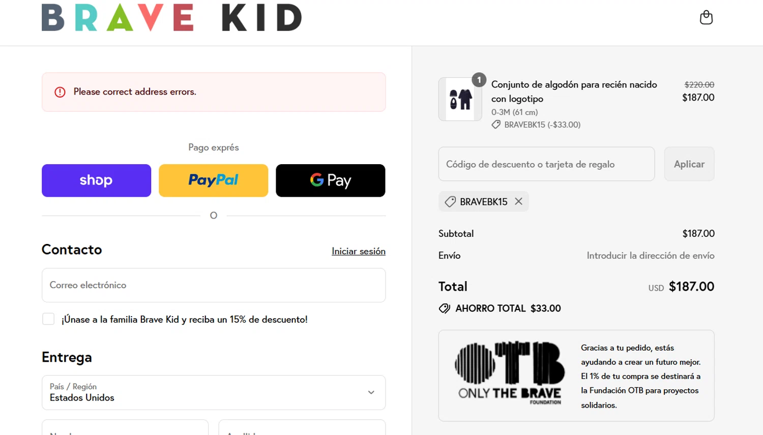 Brave Kid discount code screenshot showing code BRAVEBK15 applied at Brave Kid checkout page. Uploaded by SimplyCodes community member josegarcia6 on Sep 5, 2025