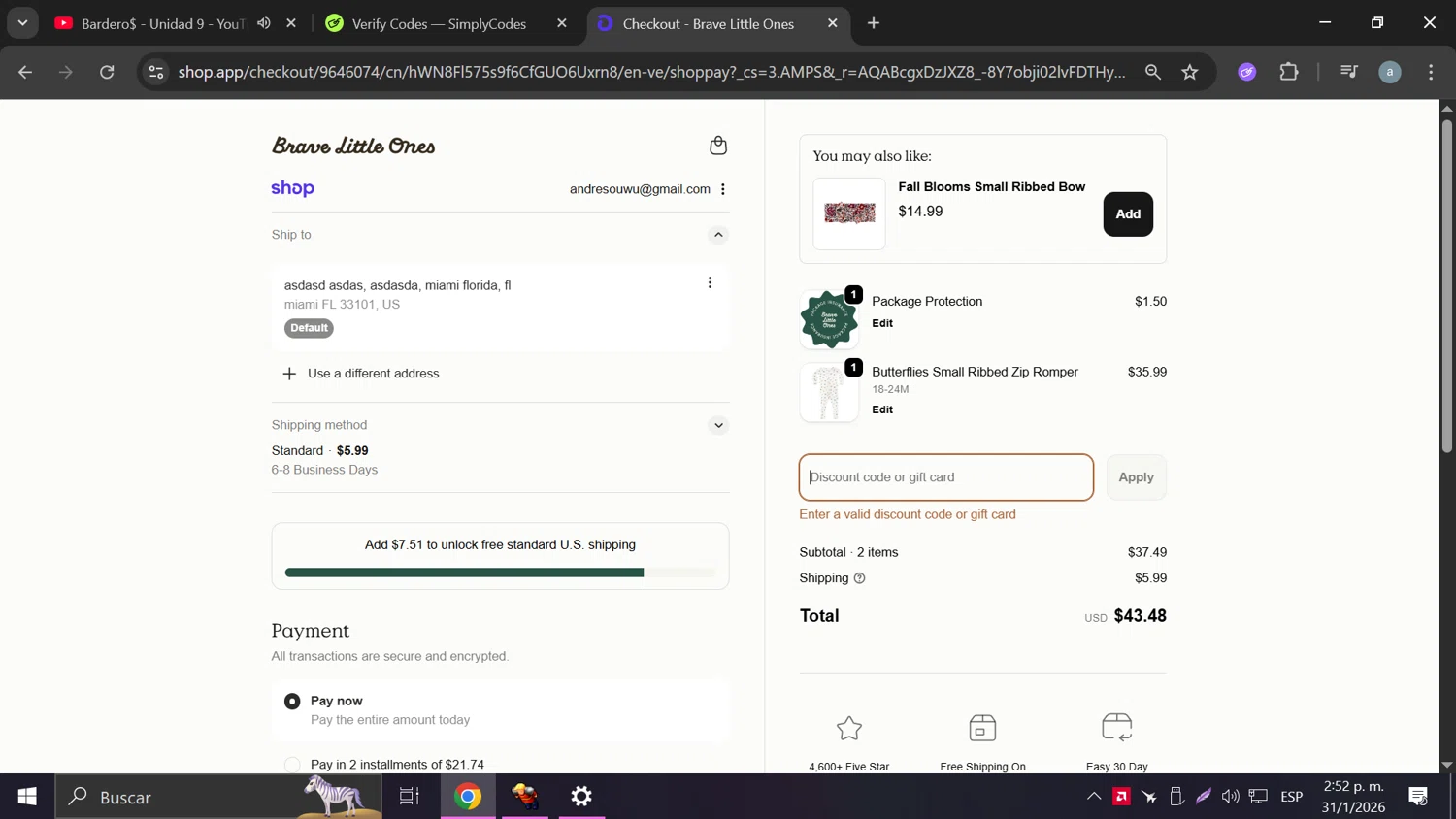 Brave Little Ones discount code screenshot showing code HappyBirthday applied at Brave Little Ones checkout page. Uploaded by SimplyCodes community member Anderson on Jan 31, 2026