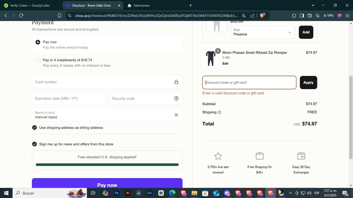 Brave Little Ones discount code screenshot showing code HappyBirthday applied at Brave Little Ones checkout page. Uploaded by SimplyCodes community member ELHIJOEMILA on Feb 6, 2025