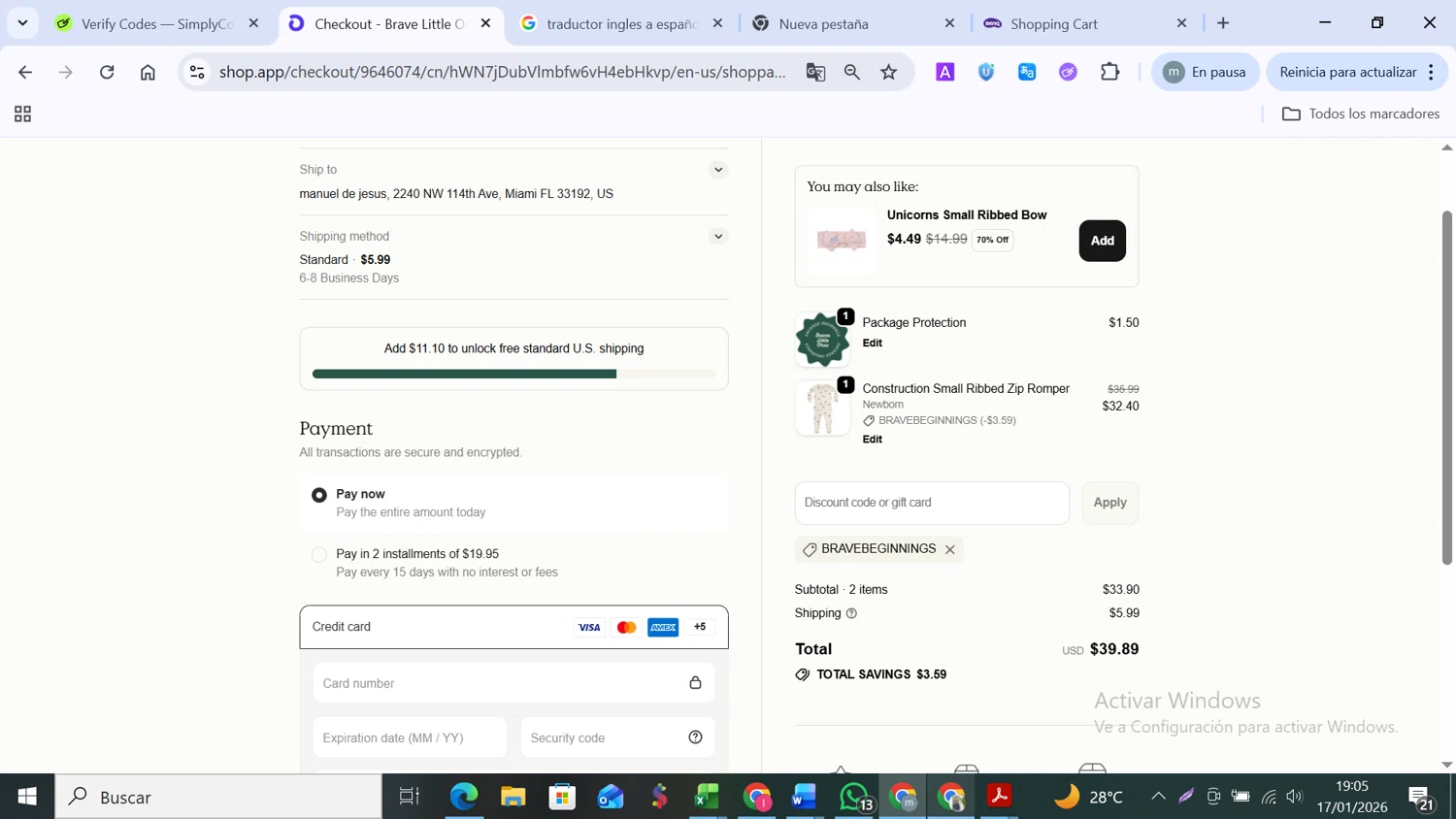 Brave Little Ones discount code screenshot showing code BRAVEBEGINNINGS applied at Brave Little Ones checkout page. Uploaded by SimplyCodes community member MANUELURBINA on Jan 17, 2026