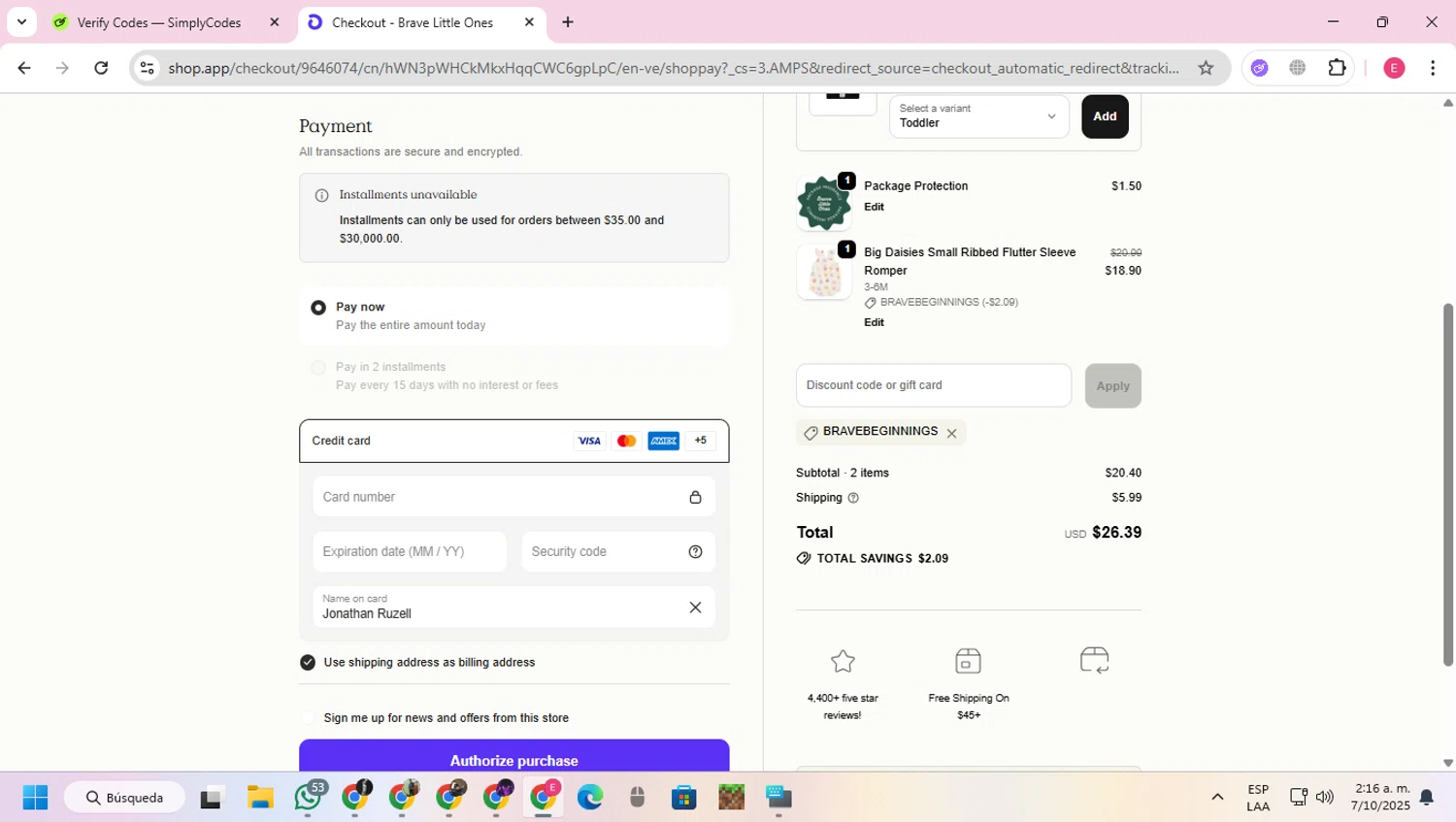 Brave Little Ones discount code screenshot showing code BRAVEBEGINNINGS applied at Brave Little Ones checkout page. Uploaded by SimplyCodes community member VoucherExpert2930 on Oct 7, 2025