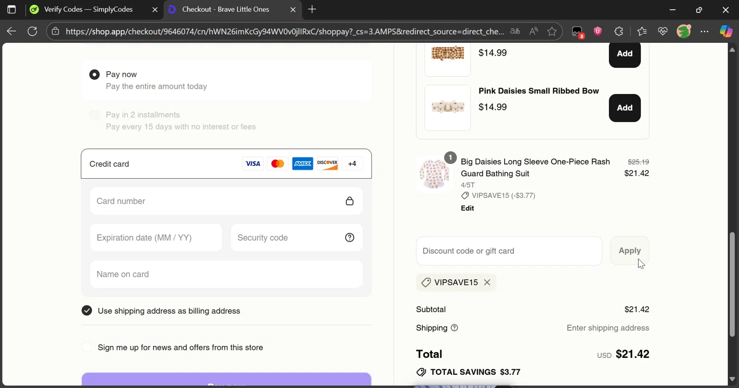 Brave Little Ones discount code screenshot showing code VIPSAVE15 applied at Brave Little Ones checkout page. Uploaded by SimplyCodes community member Eltoro20 on Aug 22, 2025