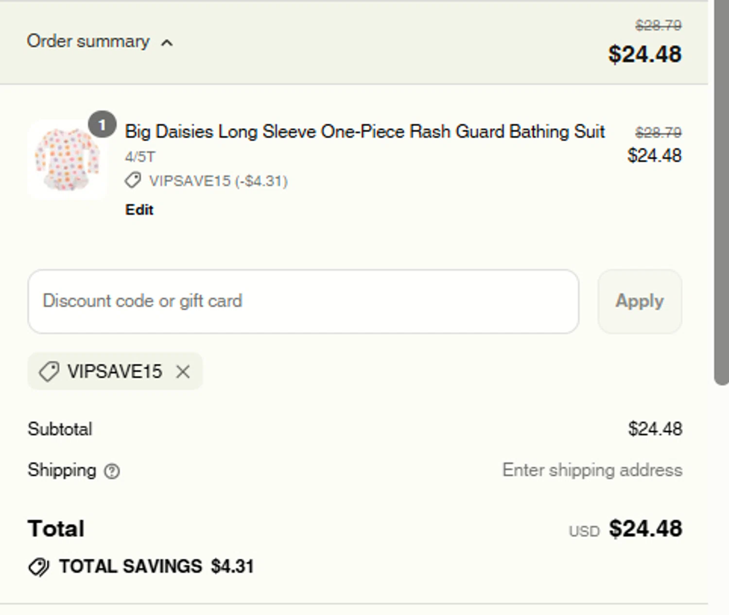 Brave Little Ones discount code screenshot showing code VIPSAVE15 applied at Brave Little Ones checkout page. Uploaded by SimplyCodes community member mangoBajito1543 on Jul 23, 2025