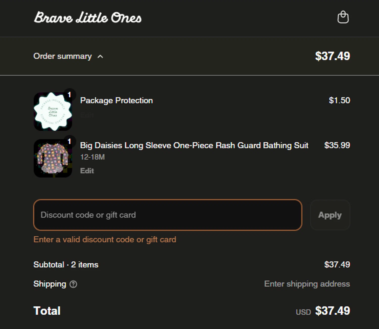 Brave Little Ones discount code screenshot showing code Swim applied at Brave Little Ones checkout page. Uploaded by SimplyCodes community member SpiderGwen on May 18, 2025